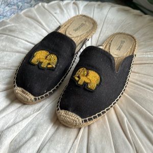 Soludos Black Canvas Espadrille Elephant Beaded Mules Size 7.5
